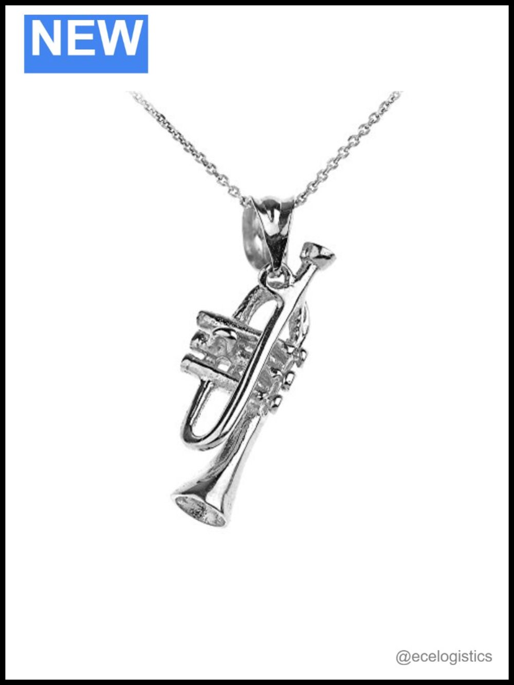 Sterling Silver Trumpet Music Charm Pendant Necklace Rolo Chain